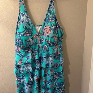 Dillards teal paisley tiered ruffle swim dress size 2x